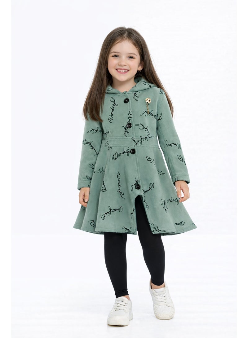 JZRA Girls Green Hooded Flared Coat with Script Print - Image 1